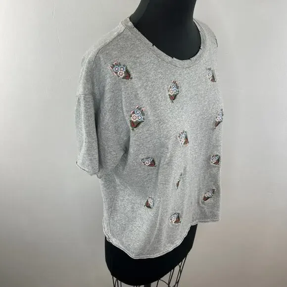 REBECCA MINKOFF Floral Embroidered T-Shirt Top Tee Gray Cotton Crewneck Size L - Picture 5 of 9
